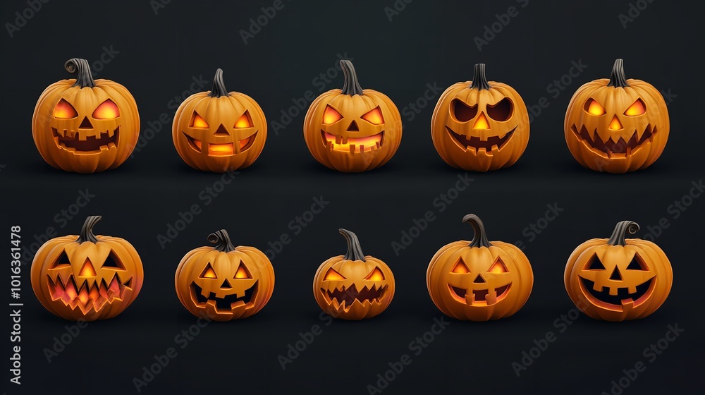 A set of Halloween pumpkins with glowing faces. Perfect for adding a spooky touch to your Halloween decorations A set of Halloween pumpkins with glowing faces. Perfect for adding a spooky touch to your Halloween decorations
