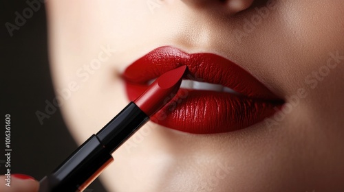 close up of glamorous young woman applying red lipstick on grey background, beauty and makeup