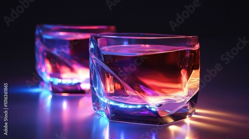 Multi-dimensional glasses with embedded LEDs, illuminating beverages and creating a futuristic drinking experience.