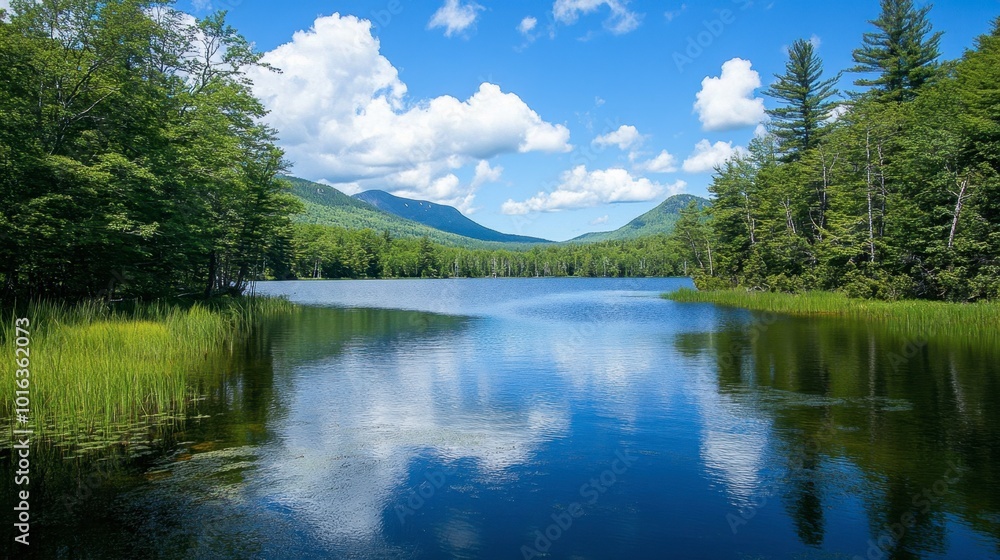 Obraz premium Scenic view of Swift Lake surrounded by lush forests, with clear blue skies and mountain reflections on the calm water.