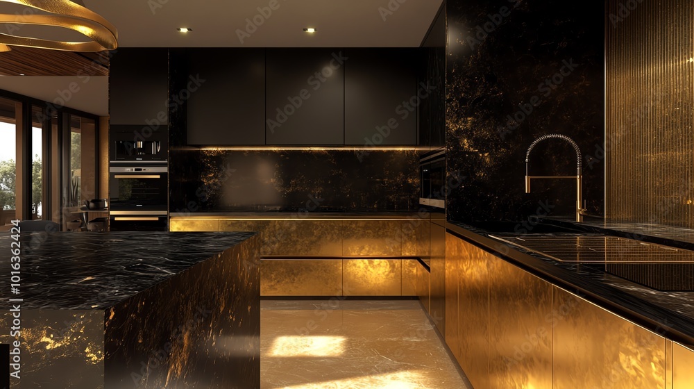 Modern kitchen with black and gold accents. Sleek design with granite ...