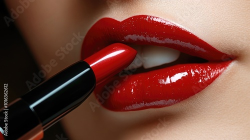 close up of glamorous young woman applying red lipstick on grey background, beauty and makeup