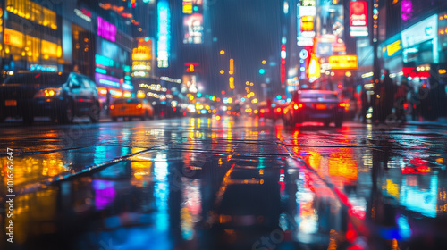 Vibrant Neon Reflections On A Rainy Street In A City At Night With Blurred Traffic Lights