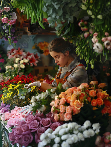 Serene Florist Delicately Arranging Vibrant Bouquets of Fresh Flowers in a Charming Shop Setting