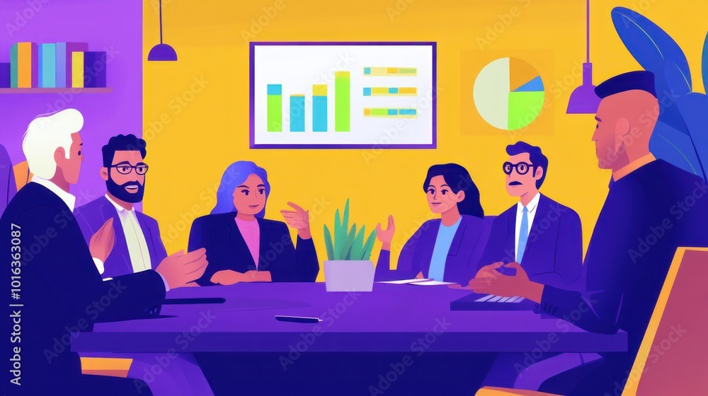 A multi-ethnic group of senior executives having a serious discussion, with a projector displaying a bar graph on the wall. A multi-ethnic group of senior executives having a serious discussion, with a projector displaying a bar graph on the wall.