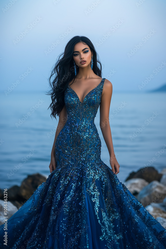 A woman in a blue gown stands on a rocky shoreline A woman in a blue gown stands on a rocky shoreline