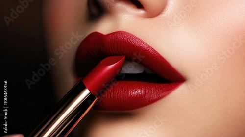 close up of glamorous young woman applying red lipstick on grey background, beauty and makeup