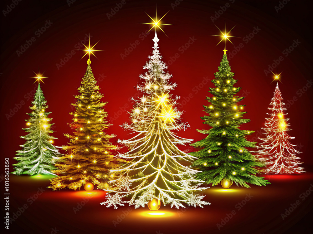 Brightly lit Christmas trees in various styles and colors create festive atmosphere, perfect for holiday celebrations. glowing lights and vibrant colors evoke joy and warmth Brightly lit Christmas trees in various styles and colors create festive atmosphere, perfect for holiday celebrations. glowing lights and vibrant colors evoke joy and warmth