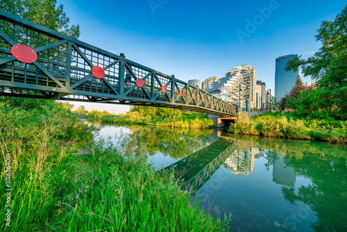 The beautiful landscape along Calgary riverwalk at sunset