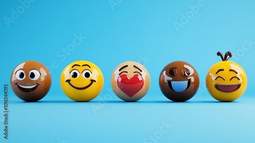 Five 3D emojis with different colored faces and red hearts floating around them.