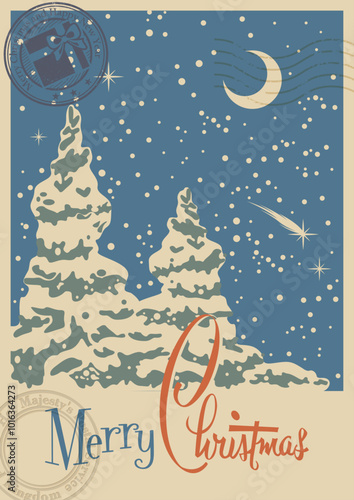 Mid Century Modern Style Christmas Postcard. 1950s Style Illustration, Decorative Christmas Spruce, Postal Imprints, Retro Colors and Style