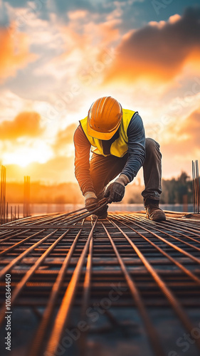 Construction Worker Tying Rebar at Sunset