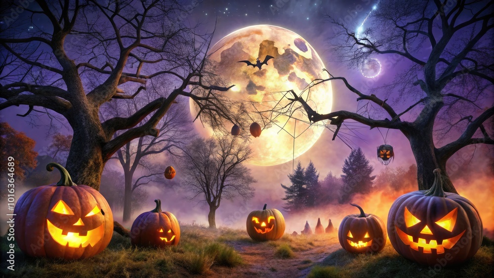 Spooky nighttime scene with glowing jack-o'-lanterns, cobwebs, and creepy trees set against a dark, gradient purple and orange sky with full moon. Spooky nighttime scene with glowing jack-o'-lanterns, cobwebs, and creepy trees set against a dark, gradient purple and orange sky with full moon.