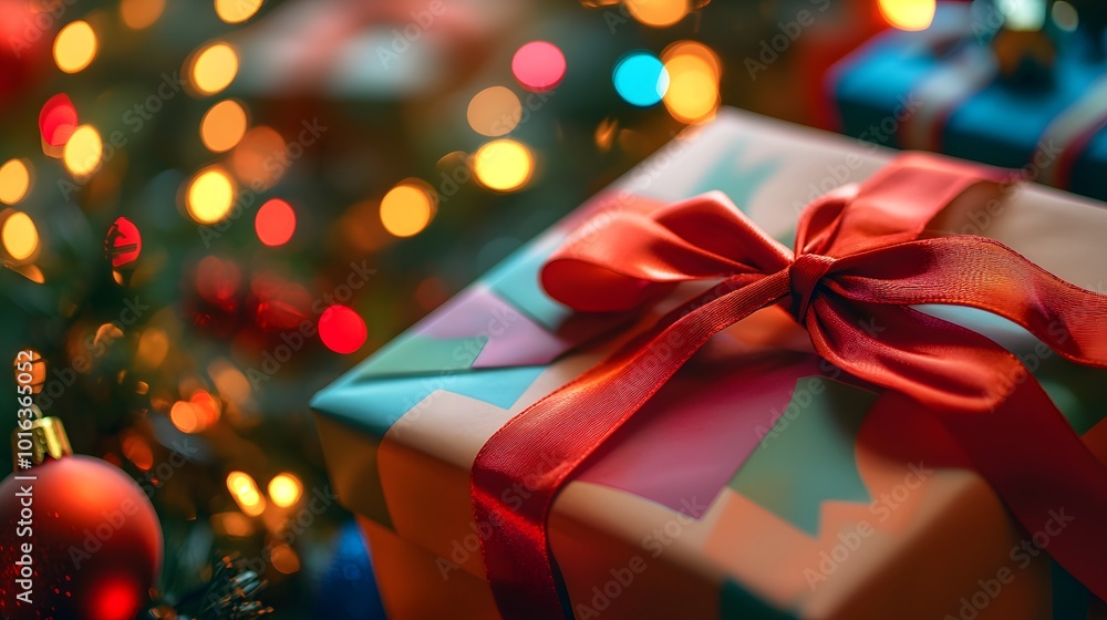 A Red Bowed Gift Box with a Blurred Christmas Tree Background A Red Bowed Gift Box with a Blurred Christmas Tree Background