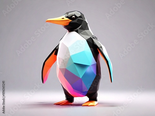 Low poly 3d image of low poly pinguin (proporsional body) black and white color neon theme floating in metaverse black background. Generative Ai. photo