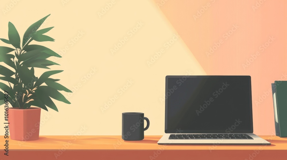 A minimalist workspace with a laptop, coffee mug, and potted plant on a wooden desk.. A minimalist workspace with a laptop, coffee mug, and potted plant on a wooden desk..