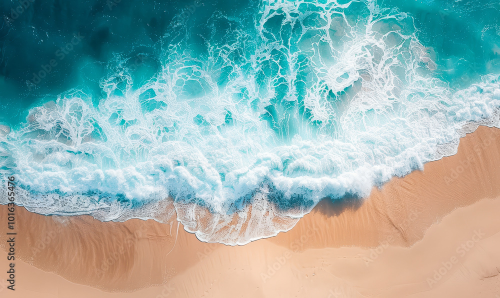 Dramatic Aerial View of Ocean Waves Crashing on Sandy Beach Shoreline During Daytime, Capturing Natural Serenity and Power of Coastal Seascape Dramatic Aerial View of Ocean Waves Crashing on Sandy Beach Shoreline During Daytime, Capturing Natural Serenity and Power of Coastal Seascape