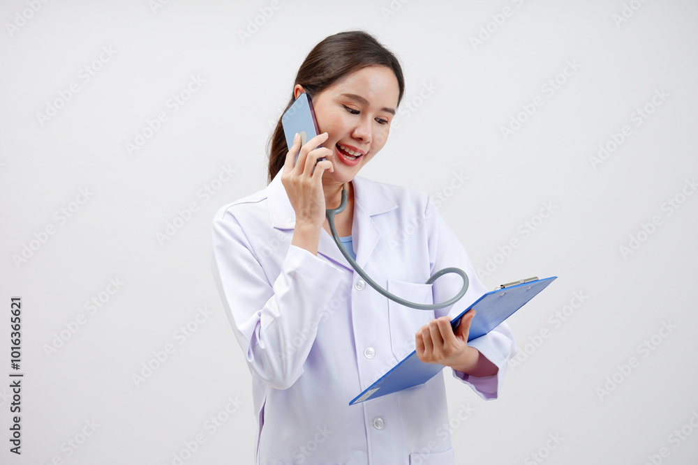 Asian female doctor standing smiling on white background. Asian female doctor standing smiling on white background.
