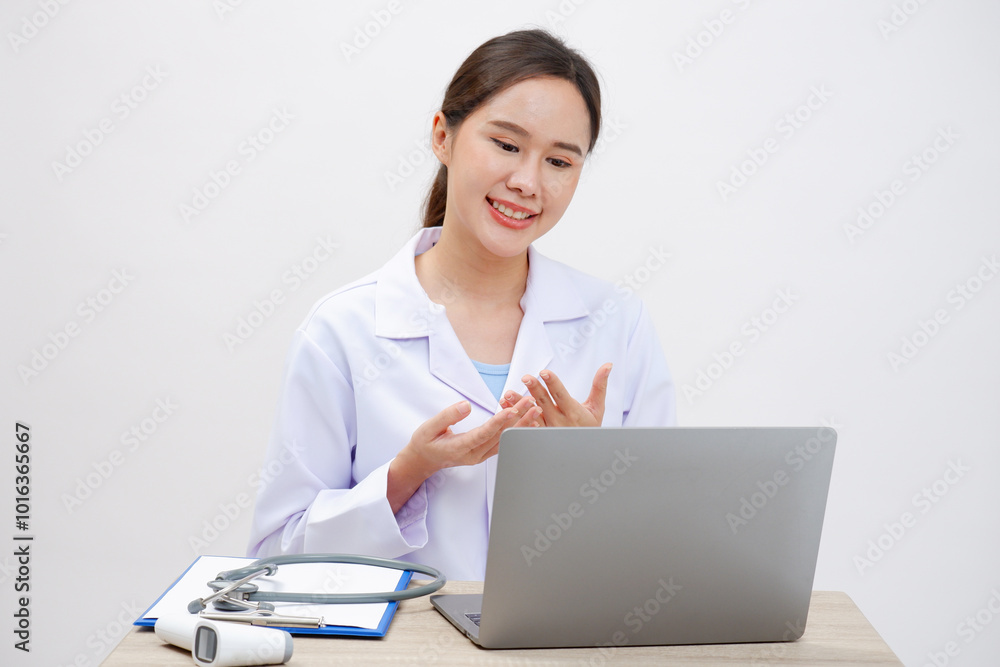 Asian female doctor sitting at desk working. Asian female doctor sitting at desk working.