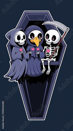 Gothic Kawaii Illustration of Grim Reaper, Plague Doctor, and Skeleton Chatting on a Black Coffin Generative aI