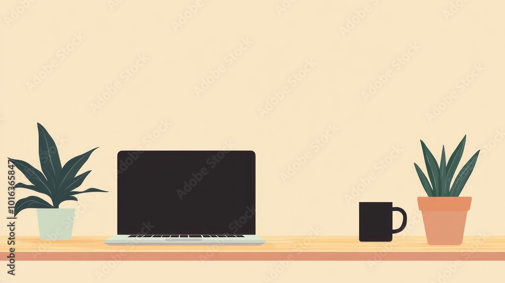 A minimalist workspace with a laptop, coffee mug, and potted plant on a wooden desk.. A minimalist workspace with a laptop, coffee mug, and potted plant on a wooden desk..