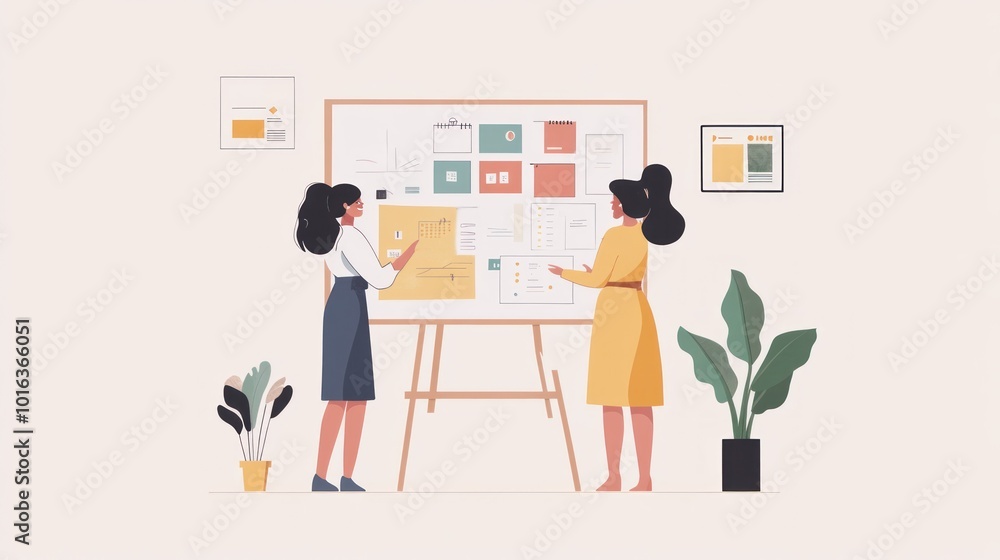 A pair of women happily organizing a mood board for a new marketing campaign A pair of women happily organizing a mood board for a new marketing campaign