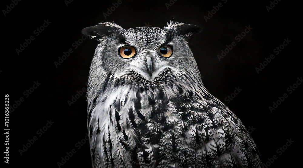 Fototapeta premium An elegant black and white photo majesticjsow owl in a dark environment colseup