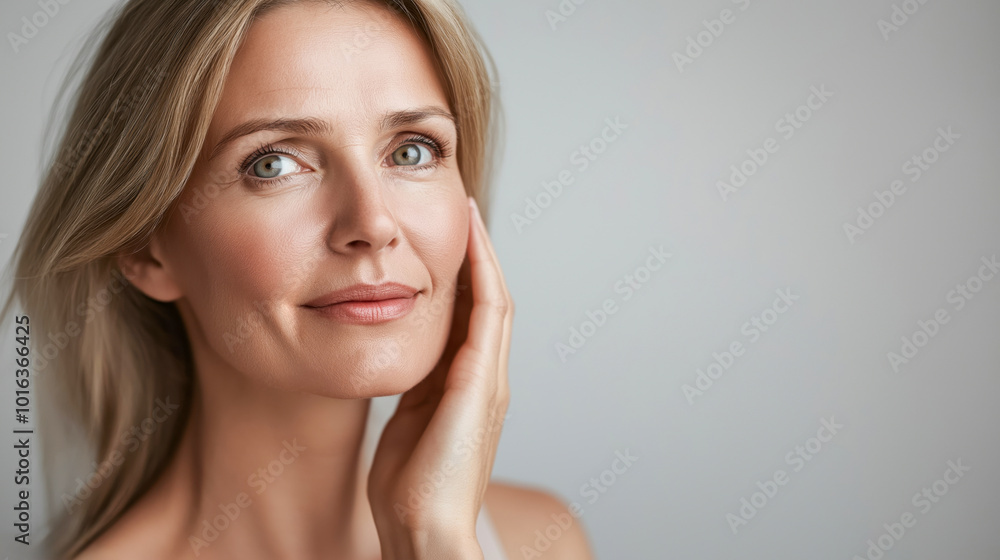 smooth-skinned woman in her 50s, isolated beauty portrait, rejuvenation and facial treatment smooth-skinned woman in her 50s, isolated beauty portrait, rejuvenation and facial treatment