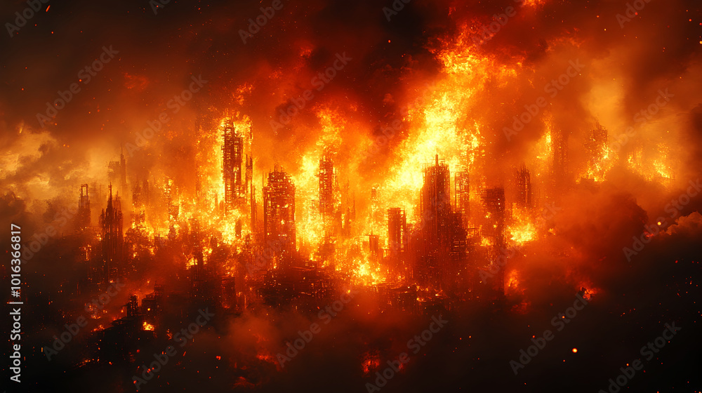 A catastrophic wildfire rages through a densely populated urban landscape,with towering skyscrapers and buildings consumed by intense flames and thick billowing smoke. A catastrophic wildfire rages through a densely populated urban landscape,with towering skyscrapers and buildings consumed by intense flames and thick billowing smoke.