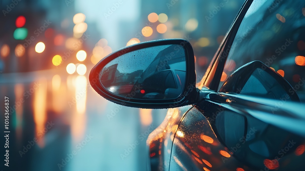 A close-up of a black luxury car's side mirror showcases its reflective surface and sleek design against a blurred urban background, emphasizing modern automotive aesthetics. A close-up of a black luxury car's side mirror showcases its reflective surface and sleek design against a blurred urban background, emphasizing modern automotive aesthetics.