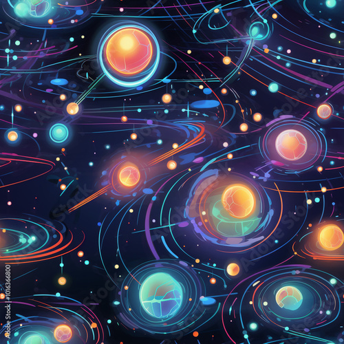 Illustration, cosmic stars and planets, digital art, neon light, space theme, mysterious mood, detailed constellations