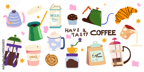 Coffee retro vector stickers big set. Design elements perfect for cafe menu, restaurant posters, card, invitation. Coffee maker, coffee beans in kraft paper, paper coffee cup, teapot and sweet
