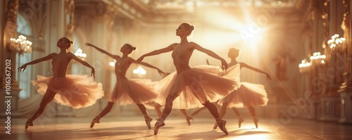 Ballet dancers practicing and performing graceful routines, elegant and artistic, Urban, Soft tones, Photograph, Dance beauty