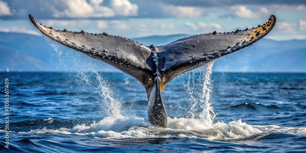 Fototapeta premium Humpback whale flipping its tail fluke in the ocean