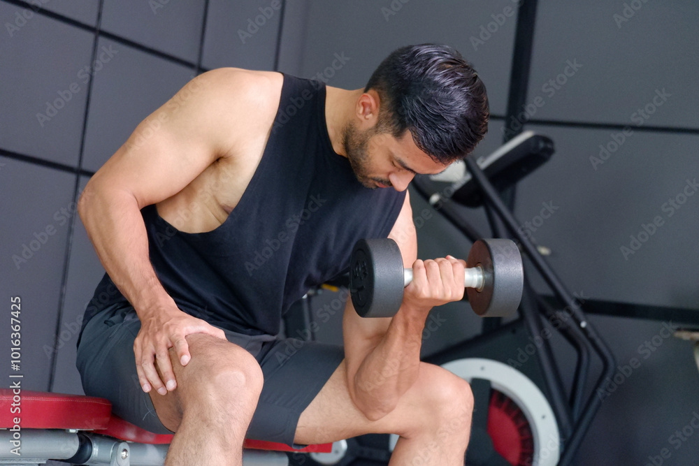 Young man exercising with dumbbells in the gym. Healthy exercise concept. Young man exercising with dumbbells in the gym. Healthy exercise concept.