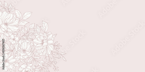 Floral frame wallpaper, flower banner design, cute pastel vintage hand drawn peony illustration cover or invitation design with empty space, clip art