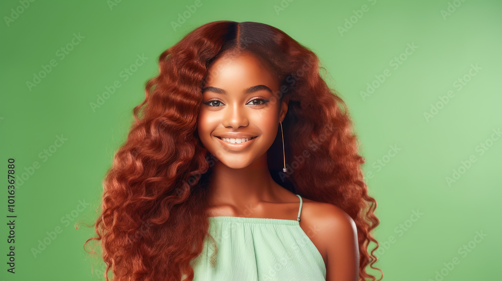 Portrait of smiling African American girl with long red hair green ...