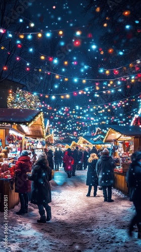 A lively Christmas market comes alive at night, filled with colorful lights, joyful crowds, and stalls brimming with holiday treats and gifts, creating a magical atmosphere