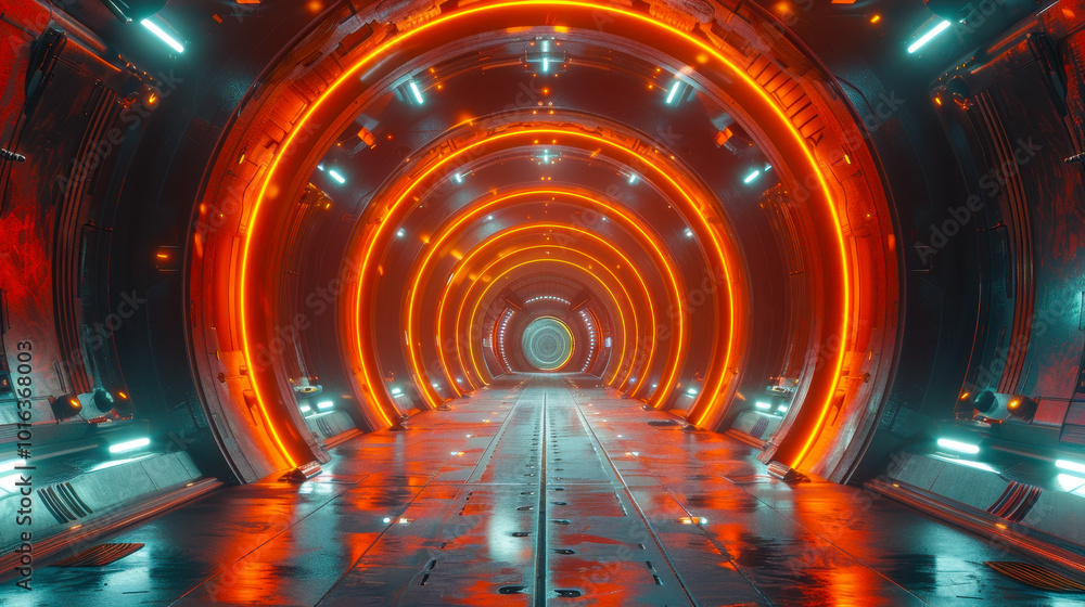 Obraz premium Futuristic Neon Speed Tunnel with Glowing Orange and Blue Lights at Night, Sci-Fi Concept, High-Tech Transport Passageway, Innovation and Speed Theme
