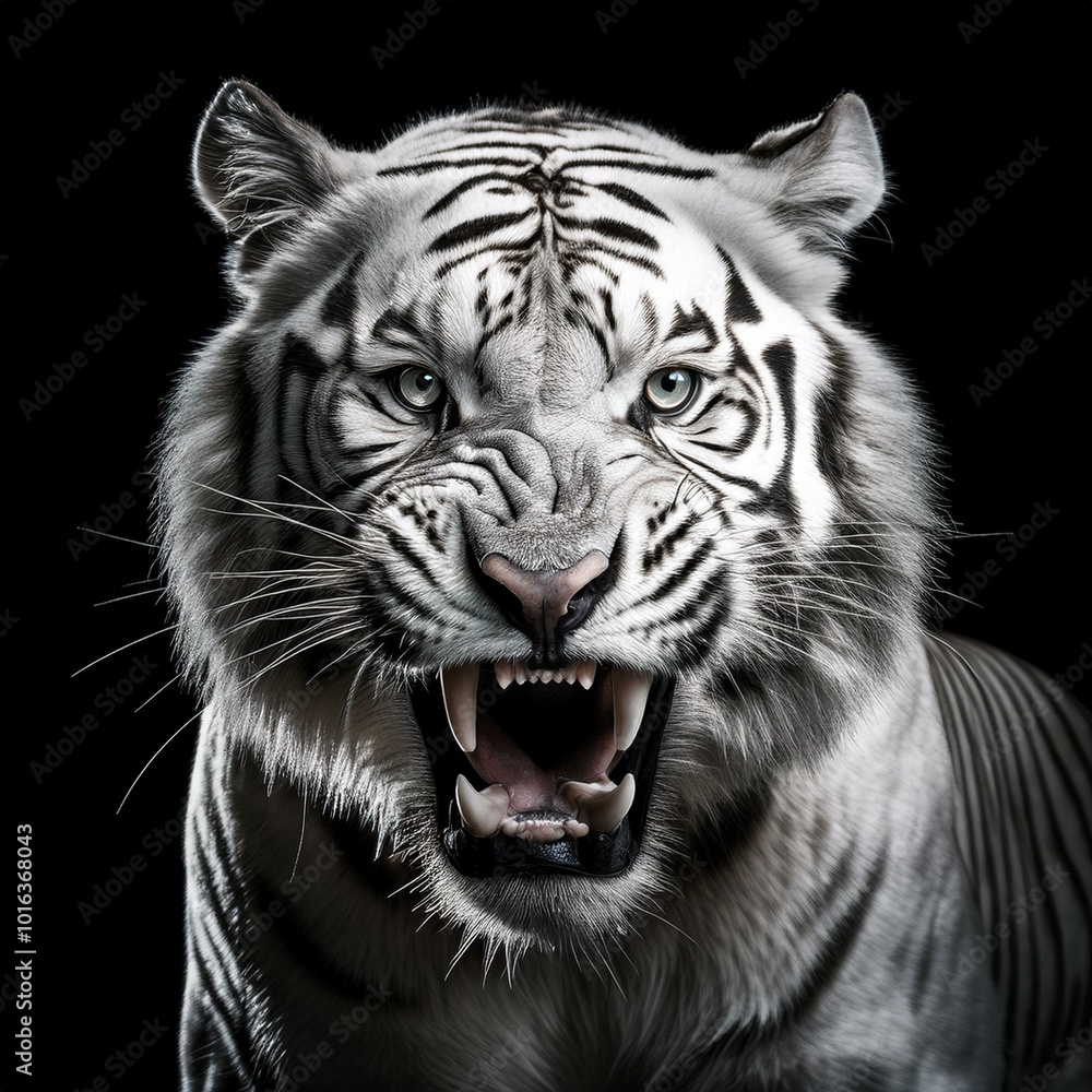 Fierce White Tiger Roaring with Intensity on a Dark Background Fierce White Tiger Roaring with Intensity on a Dark Background
