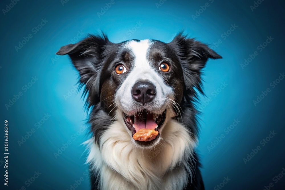 Aerial border collie catching treat in studio shot on blue background Aerial border collie catching treat in studio shot on blue background