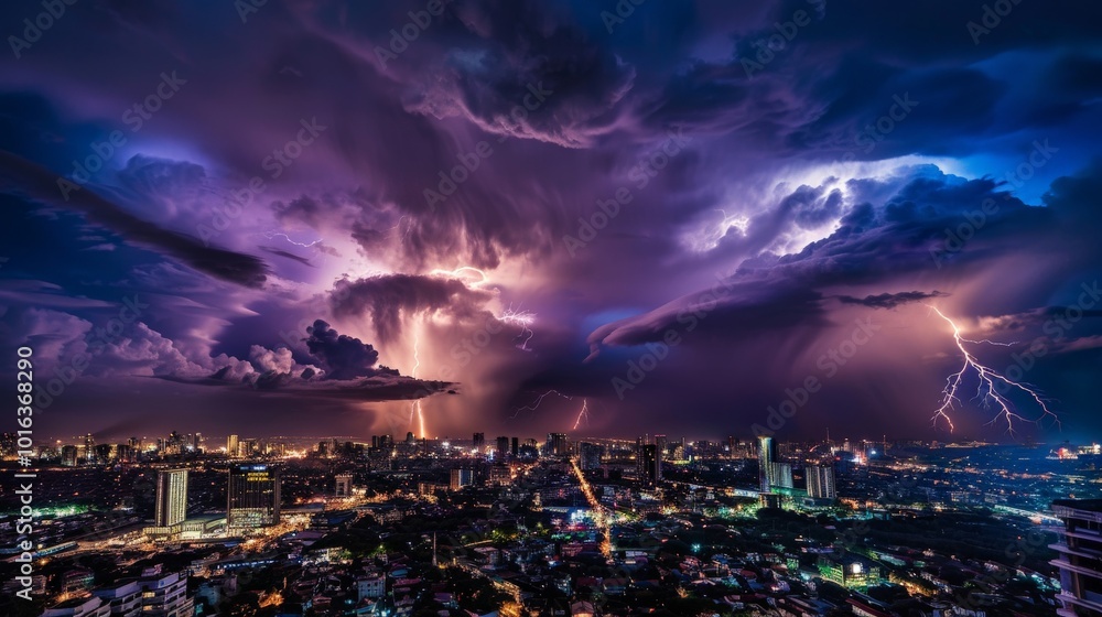Thunderstorm with dark clouds and lightning strikes over a cityscape, highlighting dramatic weather Thunderstorm with dark clouds and lightning strikes over a cityscape, highlighting dramatic weather