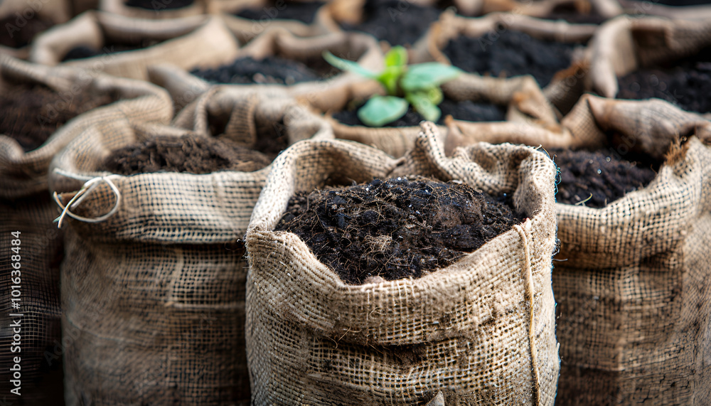 Obraz premium Burlap sacks filled with rich, dark peat soil, essential for plant nutrition and soil conditioning