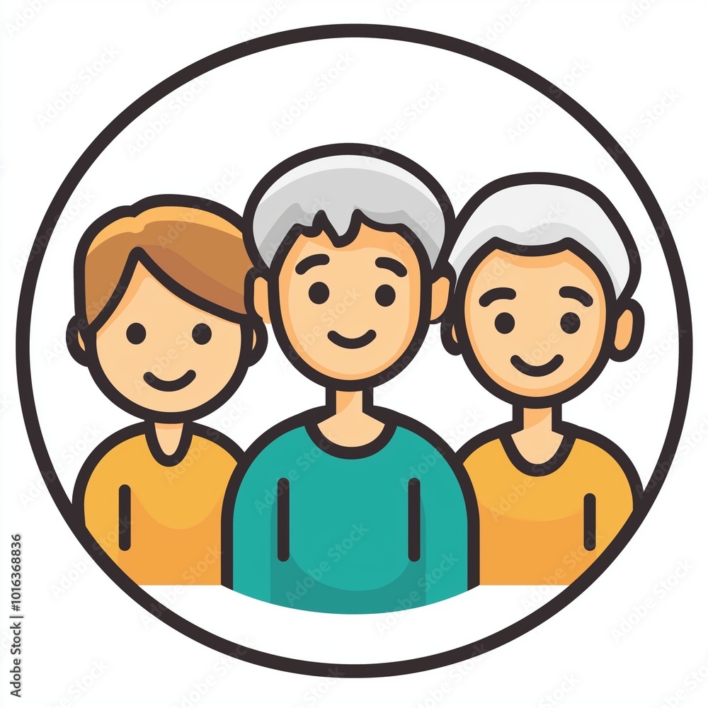 A circular illustration depicting a child, an adult, and an elderly person, symbolizing family, care, and multi -generational connection, perfect for community or family focused projects A circular illustration depicting a child, an adult, and an elderly person, symbolizing family, care, and multi -generational connection, perfect for community or family focused projects