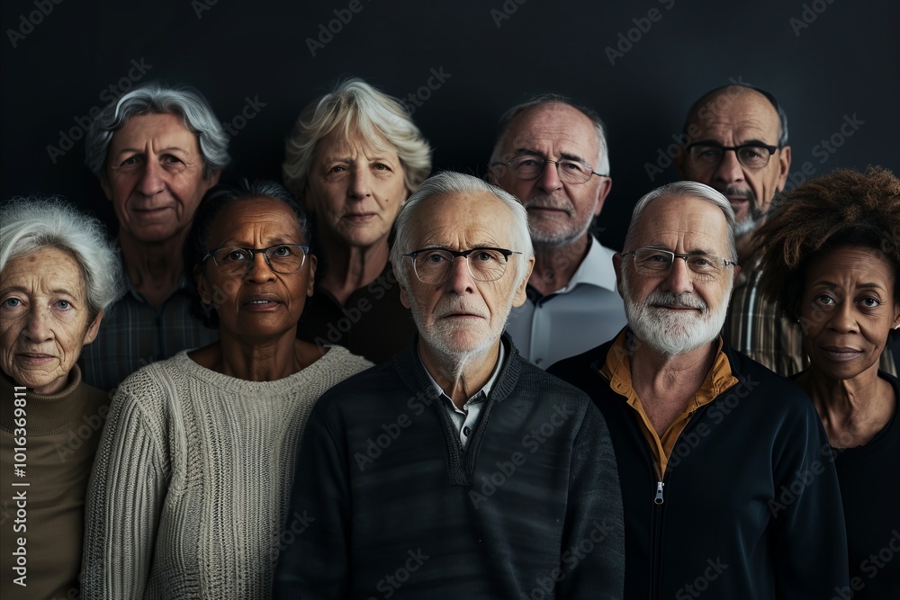Portrait of a group of senior people in a row looking at the camera Portrait of a group of senior people in a row looking at the camera