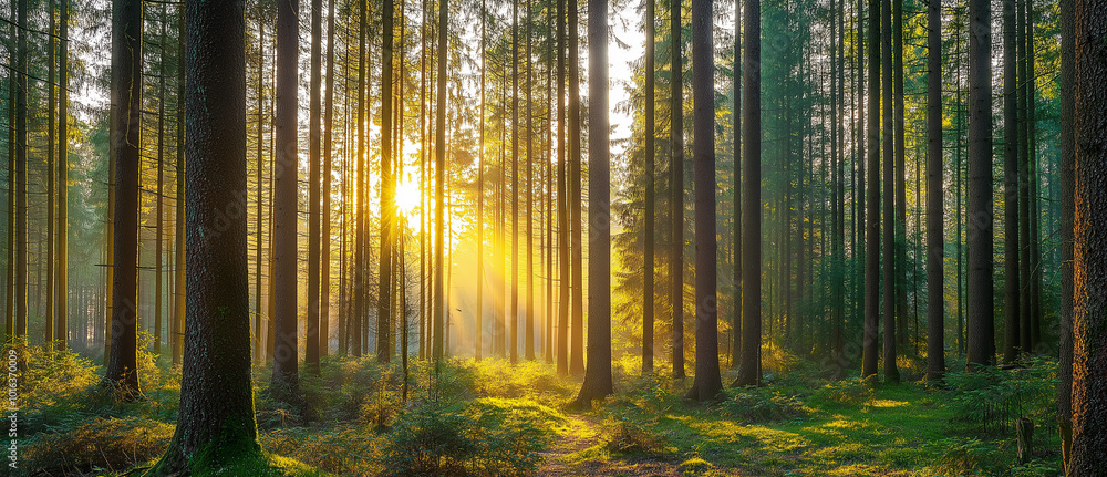 Obraz premium Silent Forest in spring with beautiful bright sun rays