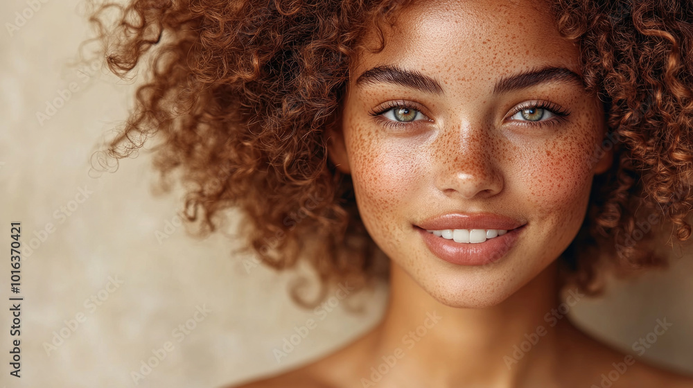 A young woman with vibrant curls and freckles beams joyfully, showcasing her natural beauty against a warm, neutral backdrop A young woman with vibrant curls and freckles beams joyfully, showcasing her natural beauty against a warm, neutral backdrop