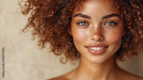 A young woman with vibrant curls and freckles beams joyfully, showcasing her natural beauty against a warm, neutral backdrop