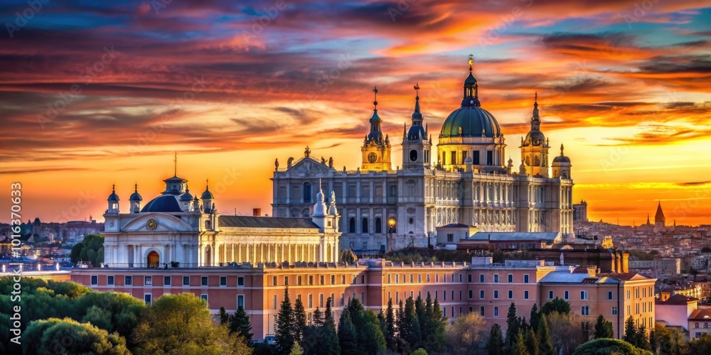 Fototapeta premium Stunning Silhouette of Madrid City Monuments at Dusk - Captivating Skyline Views