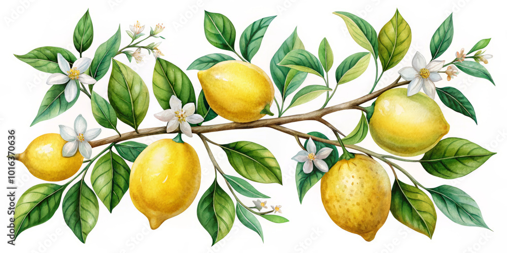 Lemons on branch with green leaves and white flowers create vibrant and fresh composition, showcasing beauty of nature. bright yellow lemons contrast beautifully with lush greenery Lemons on branch with green leaves and white flowers create vibrant and fresh composition, showcasing beauty of nature. bright yellow lemons contrast beautifully with lush greenery